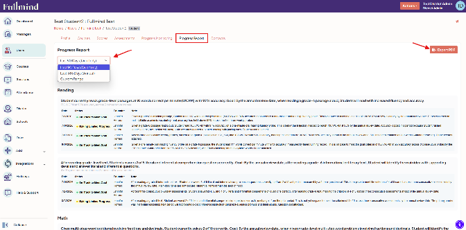 Fullmind progress report tab with a date range selector and goal-level status records
