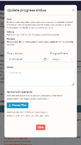 Progress status form with the IEP goal, criteria, method, check-in date, status, educator notes, and work sample upload
