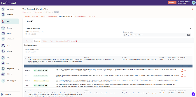 Fullmind subject-specific progress monitoring view with IEP goals and dated status entries
