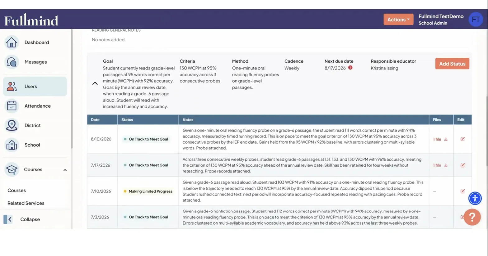 Fullmind progress monitoring record showing an IEP reading goal, reporting cadence, responsible educator, and dated status notes