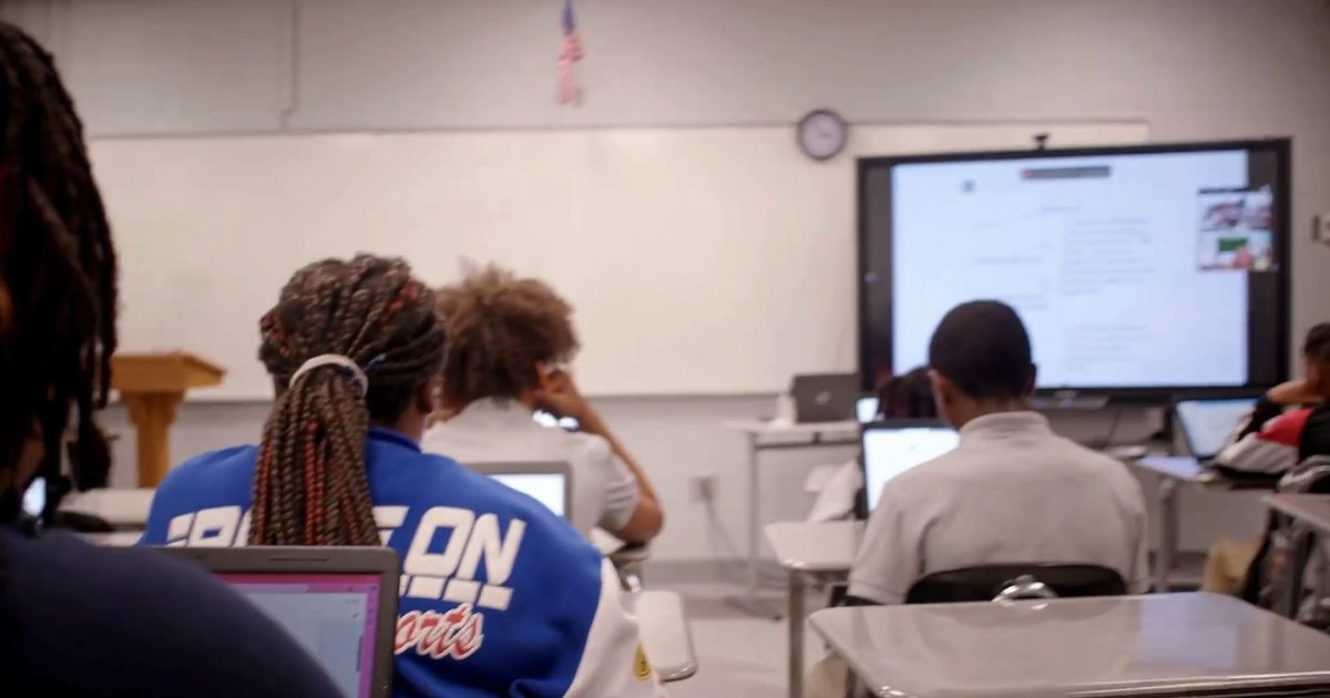 High school students work on laptops during a live virtual class in Allendale County, as in online credit recovery.
