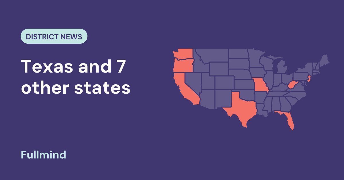 Map of the United States highlighting Texas, Florida, West Virginia, Washington, Oregon, California, New Jersey and Missouri