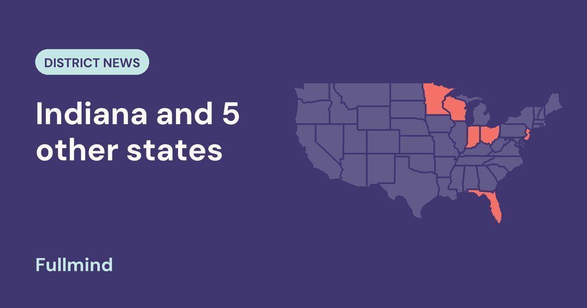 Map of the United States highlighting Indiana, Minnesota, New Jersey, Wisconsin, Ohio and Florida